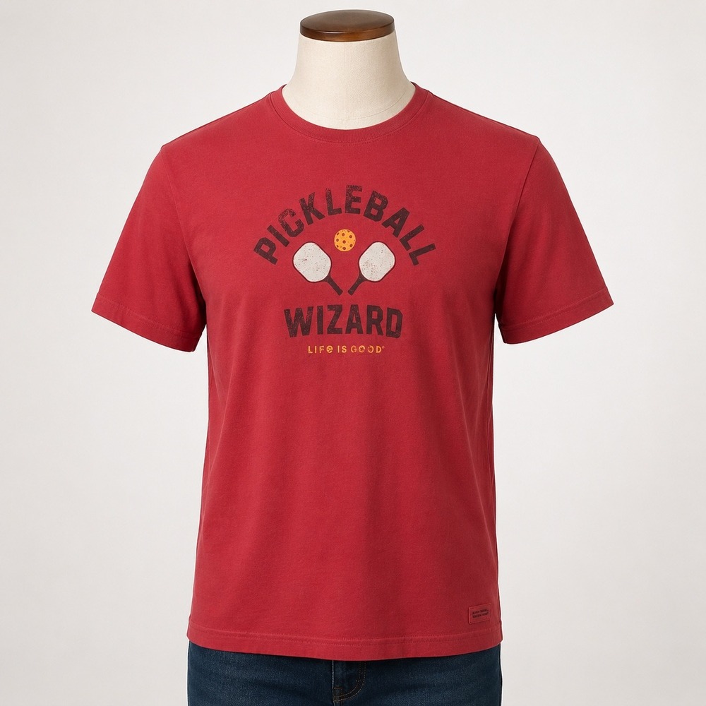 Life is Good Mens Pickleball Wizard Crusher Tee Red Cotton Graphic T-Shirt L